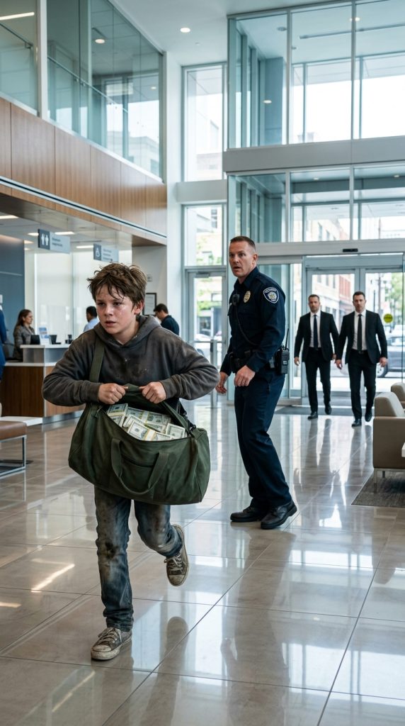 A 12-YEAR-OLD RUSHED INTO A BANK WITH A BAG FULL OF CASH—THEN WARNED THE GUARD TWO MEN IN BLACK WERE COMING FOR HIM