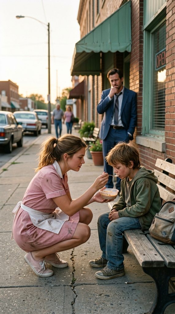 EVERYONE IGNORED A BAREFOOT BOY CRYING IN THE RAIN — UNTIL A POOR WOMAN FED HIM HER ONLY MEAL… MOMENTS LATER, HIS FATHER CHANGED EVERYTHING