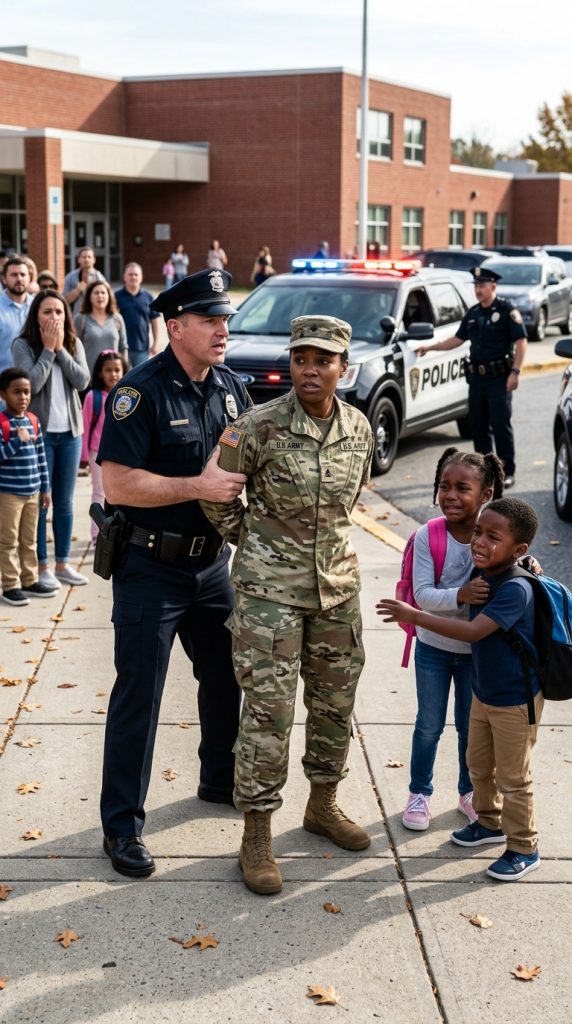“YOU DON’T LOOK LIKE A NAVY OFFICER.” A COP HANDCUFFED A BLACK MOM OUTSIDE HER SON’S SCHOOL—THEN BLACK SUVS ARRIVED AND EVERYTHING CHANGED…