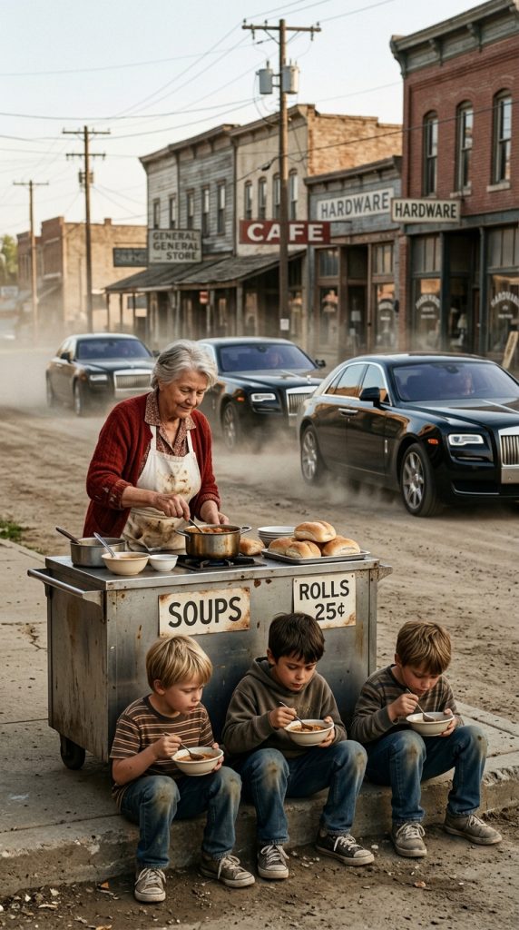“Eat first… you don’t have to worry while you’re here,” she whispered to three homeless kids no one saw — but when three luxury cars returned years later, what they did to her cart stunned everyone