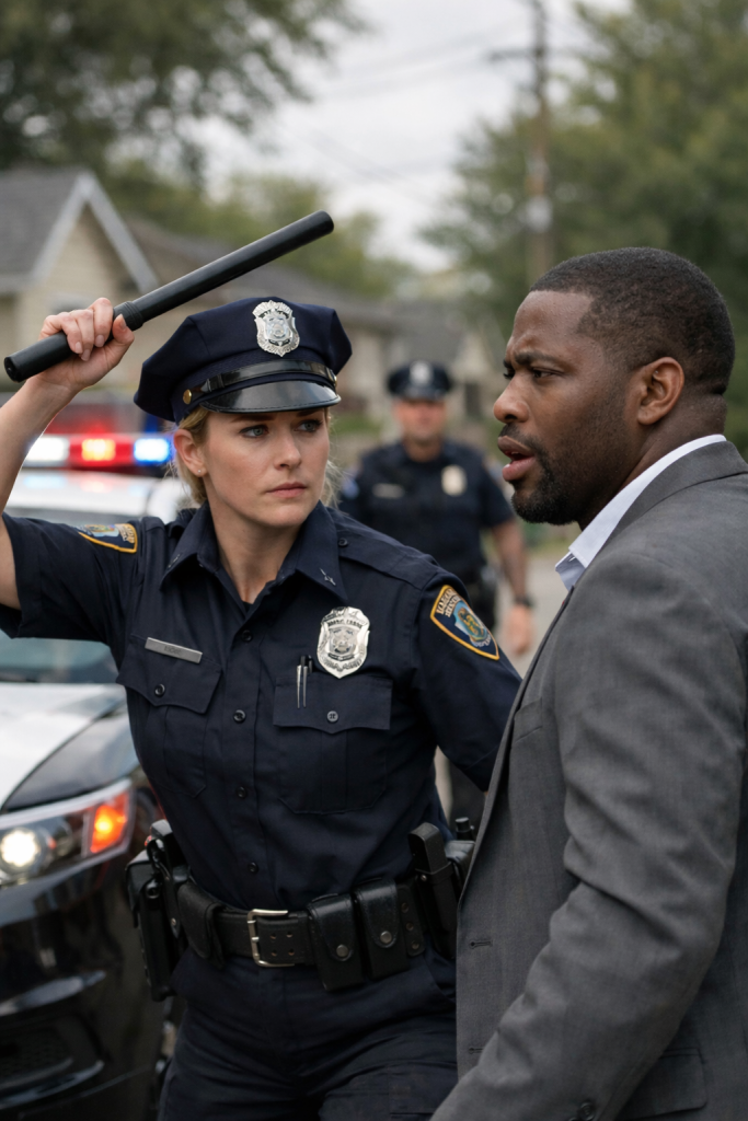 “SHE PROFILING-STOPPED A WELL-DRESSED BLACK MAN, SWUNG THE BATON, AND WROTE “RESISTING”—UNTIL HIS BADGE MADE THE STATION GO SILENT”…