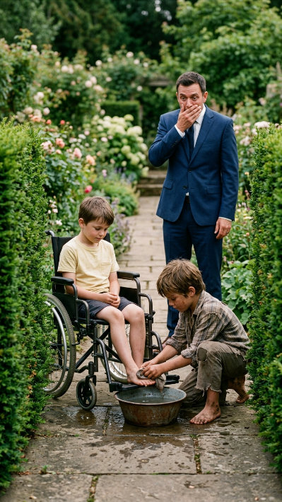 “I’LL WASH YOUR FOOT AND YOU’LL WALK” – PARALYZED SON, HOPELESS BILLIONAIRE, UNTIL A STRANGE BOY CLIMBED THE FENCE WITH A BASIN