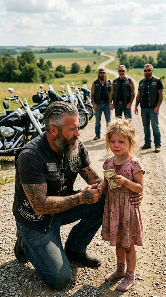 LITTLE GIRL WAITED OUTSIDE A ROADSIDE DINER ALL MORNING WITH CRUMPLED CASH TO “HIRE” A BIKER — NEVER KNOWING HER SMALL REQUEST WOULD BRING AN ENTIRE CREW JUST IN TIME
