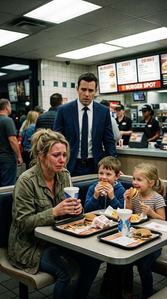 A wealthy American businessman noticed a mother pretending she was full while sharing a single burger with her children on her son’s birthday — ten years later, he froze when her name appeared on his boardroom screen