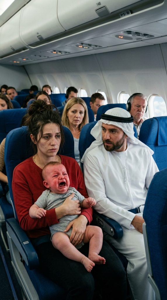 During a long flight, a crying child disturbed every passenger while his exhausted mother struggled helplessly, until a powerful sheikh suddenly stood up and did something nobody expected