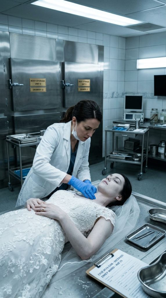 The bride was declared dead during her wedding and sent to the morgue, but an attendant discovers strange signs—rosy cheeks and a faint heartbeat suggesting she may still be alive.