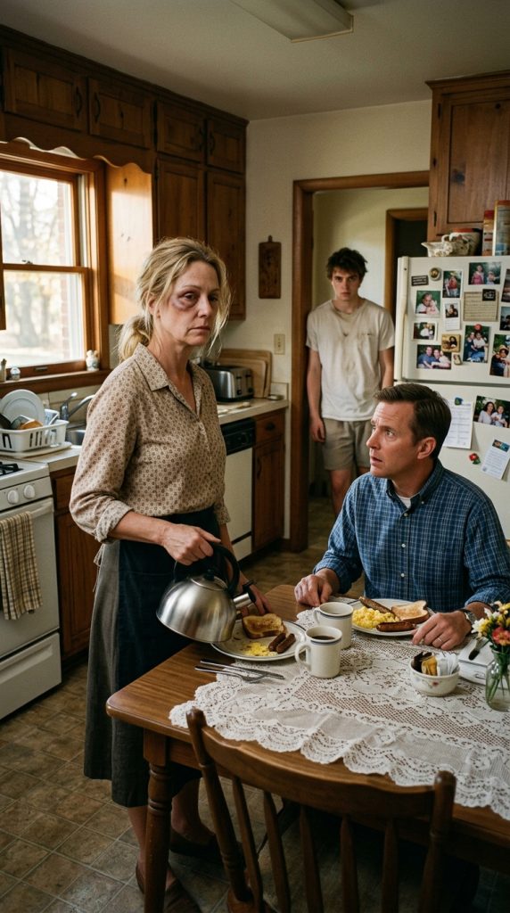 Last night my son h!t me, and I stayed silent. The next morning, I prepared a perfect breakfast—but when he walked in smiling, the unexpected guest at my table changed everything.