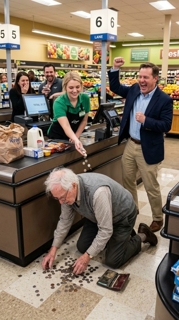 CASHIER THROWS COINS ON THE FLOOR AND FORCES A HOMELESS ELDERLY MAN TO PICK THEM UP — SHE HAD NO IDEA THE CEO WAS STANDING RIGHT BEHIND HER… THE INSTANT KARMA THAT FOLLOWED LEFT EVERYONE STUNNED!
