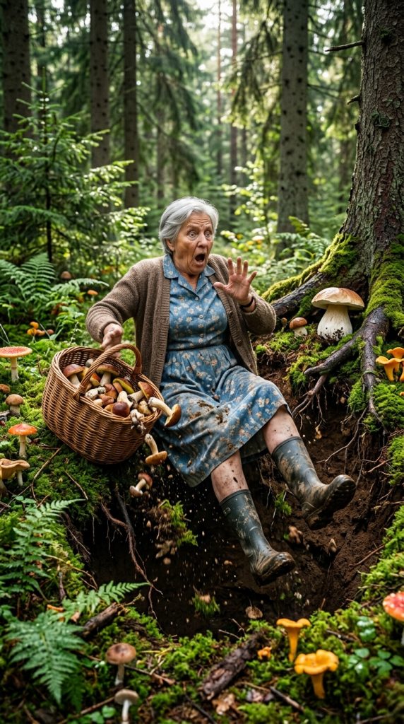 An Elderly Woman Was Picking Mushrooms in the Forest When She Suddenly Fell into a Massive Pit. As She Struggled to Escape, She Made a Terrifying Discovery Buried in the Earth. 😨🫣