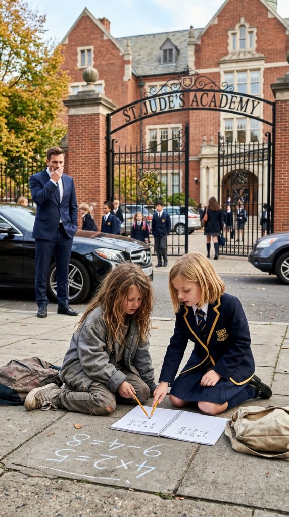 A billionaire arrived early to pick up his daughter from school—only to see a homeless girl teaching her on the sidewalk. What happened next left everyone stunned.