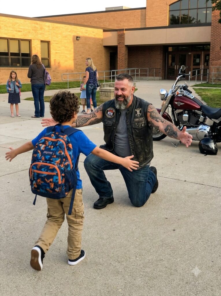 My 7-Year-Old Son Ran Into a Huge Bearded Biker’s Arms Outside School… Then the Stranger Looked at Me and Said, “I Guess This Is How You’ll Find Out”