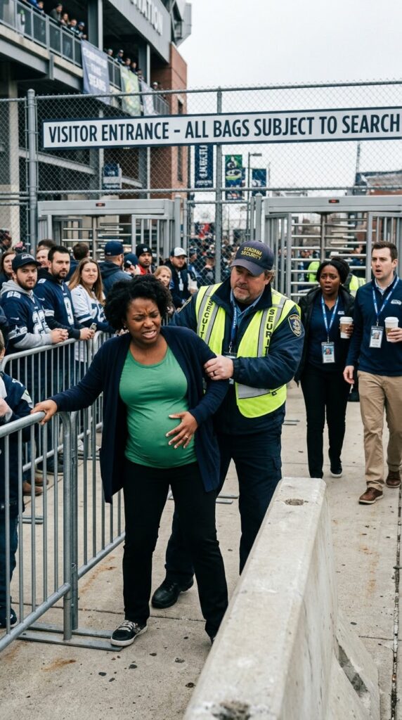 The security guard shoved the heavily pregnant woman so hard her shoulder slammed into the iron visitor gate of the film studio.