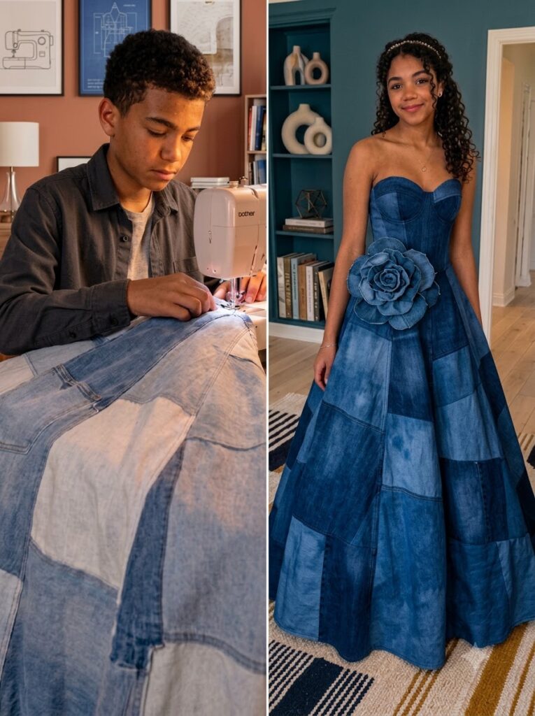 MY STEPMOM REFUSED TO BUY ME A PROM DRESS, SO MY BROTHER MADE ONE FROM OUR LATE MOM’S JEANS—WHAT HAPPENED NEXT LEFT HER SPEECHLESS