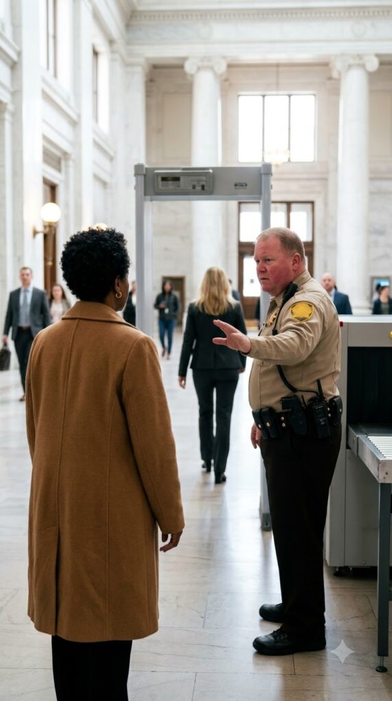 COURTHOUSE GUARD CALLED A WOMAN “SWEETHEART” — THEN HER ID MADE THE SECURITY SCREEN FLASH GOLD