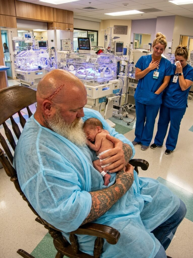 Giant Tattooed Biker Holds Unvisited NICU Baby For 12 Hours, Until Nurses Discover The Heartbreaking Secret Hidden On His Wrist