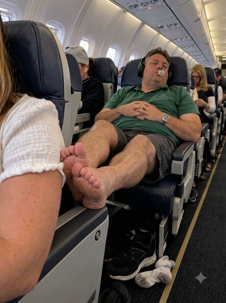 A MAN PUT HIS SMELLY FEET ON A WOMAN’S AIRPLANE ARMREST AND REFUSED TO MOVE THEM – SHE DIDN’T YELL, BUT HER LITTLE LESSON MADE HIM TURN BRIGHT RED